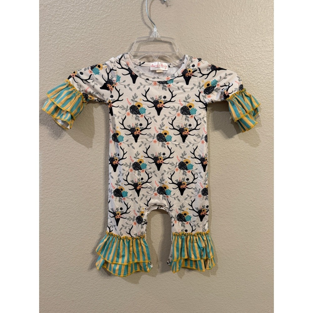 Clover Cottage Romper Baby Girl 6-12M White Floral Deer Excellent Ruffle Sleeve‎
